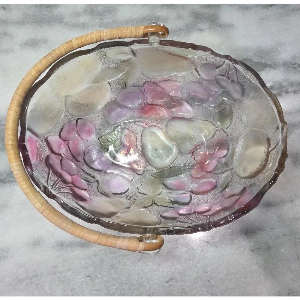 Home Interiors Multicolor Garden Themed Glass Basket Vintage Rattan Handle Decor